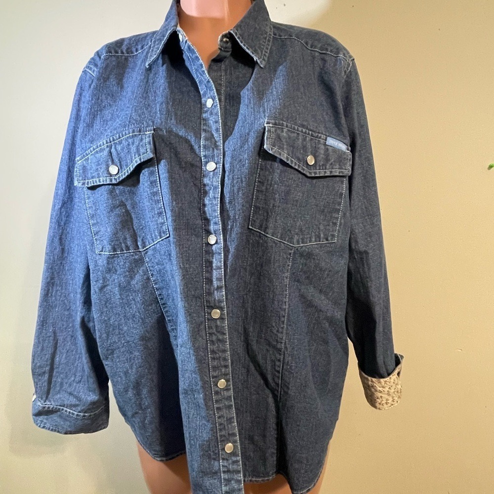 Duck Head Women's Denim Shirt jacket 1X Blue Western Pearl Snap Cotton Jean Co